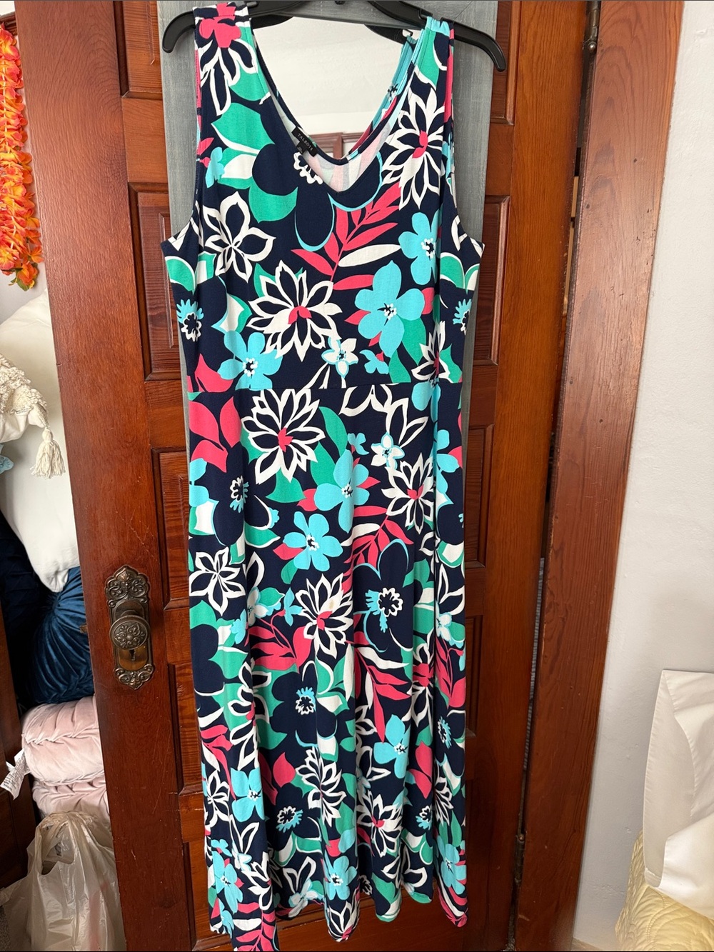 Talbots Navy Floral Maxi Dress with Teal & Coral Accents